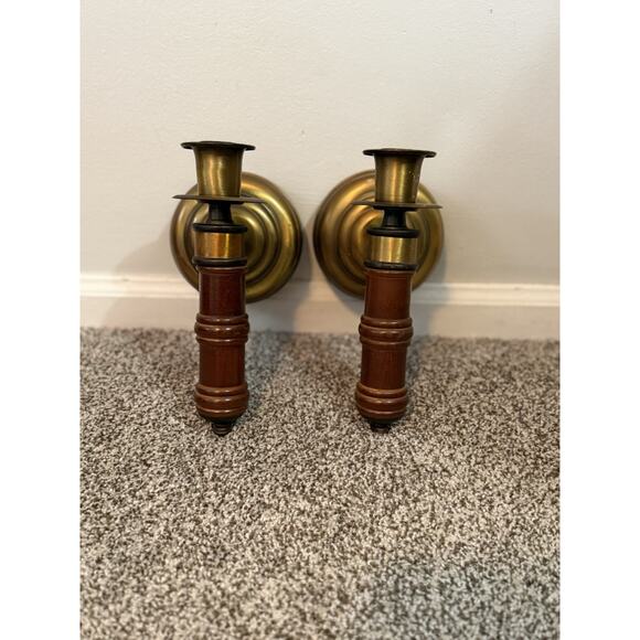 Vintage Set Of Wooden Brass Metal Wall Hanging Candle Sconces Holders Cottage - Picture 2 of 8